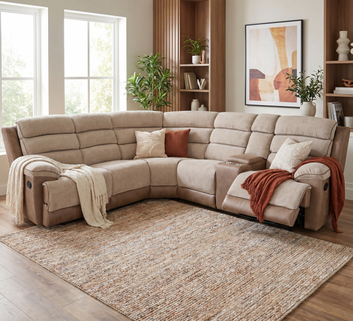 Beige Jessica corner sofa with plush seating and decorative pillows in a cozy living room setting