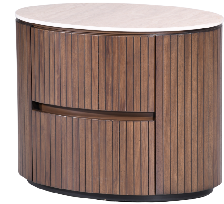 Modern wooden locker with a sleek design and curved top, featuring two storage compartments