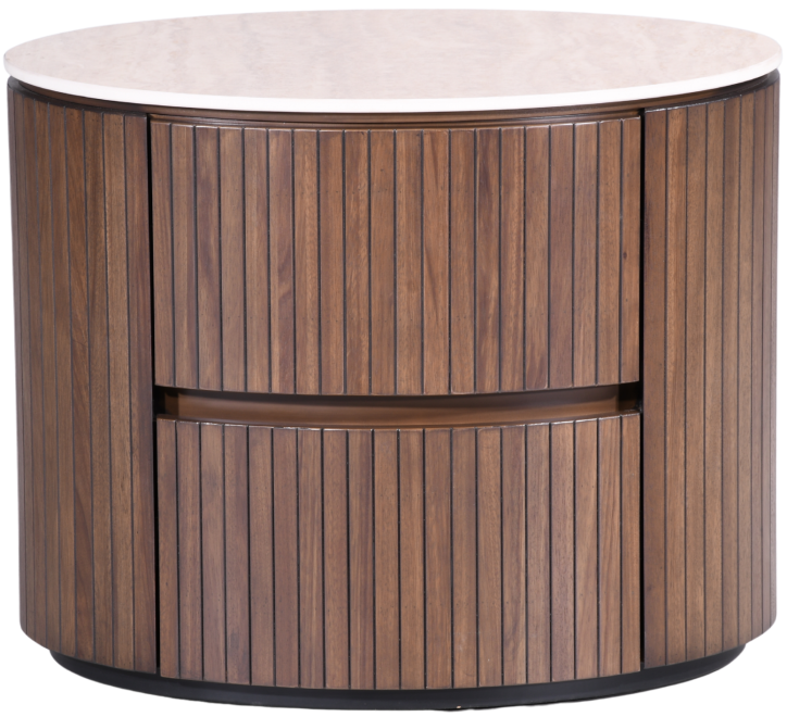 Round wooden locker with vertical slats and a smooth top, featuring two drawers for storage