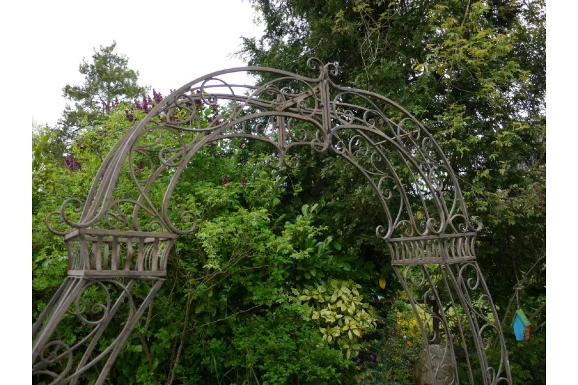 Decorative metal garden arch with scrollwork design surrounded by green foliage