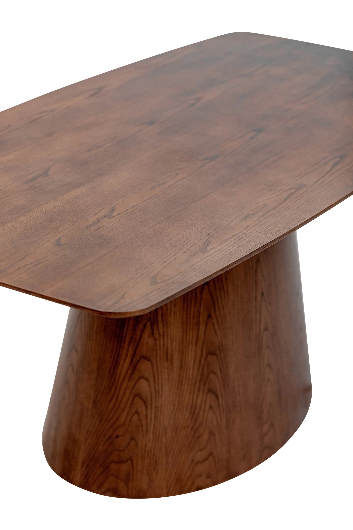Contemporary wooden dining table with curved rectangular top and wide conical base