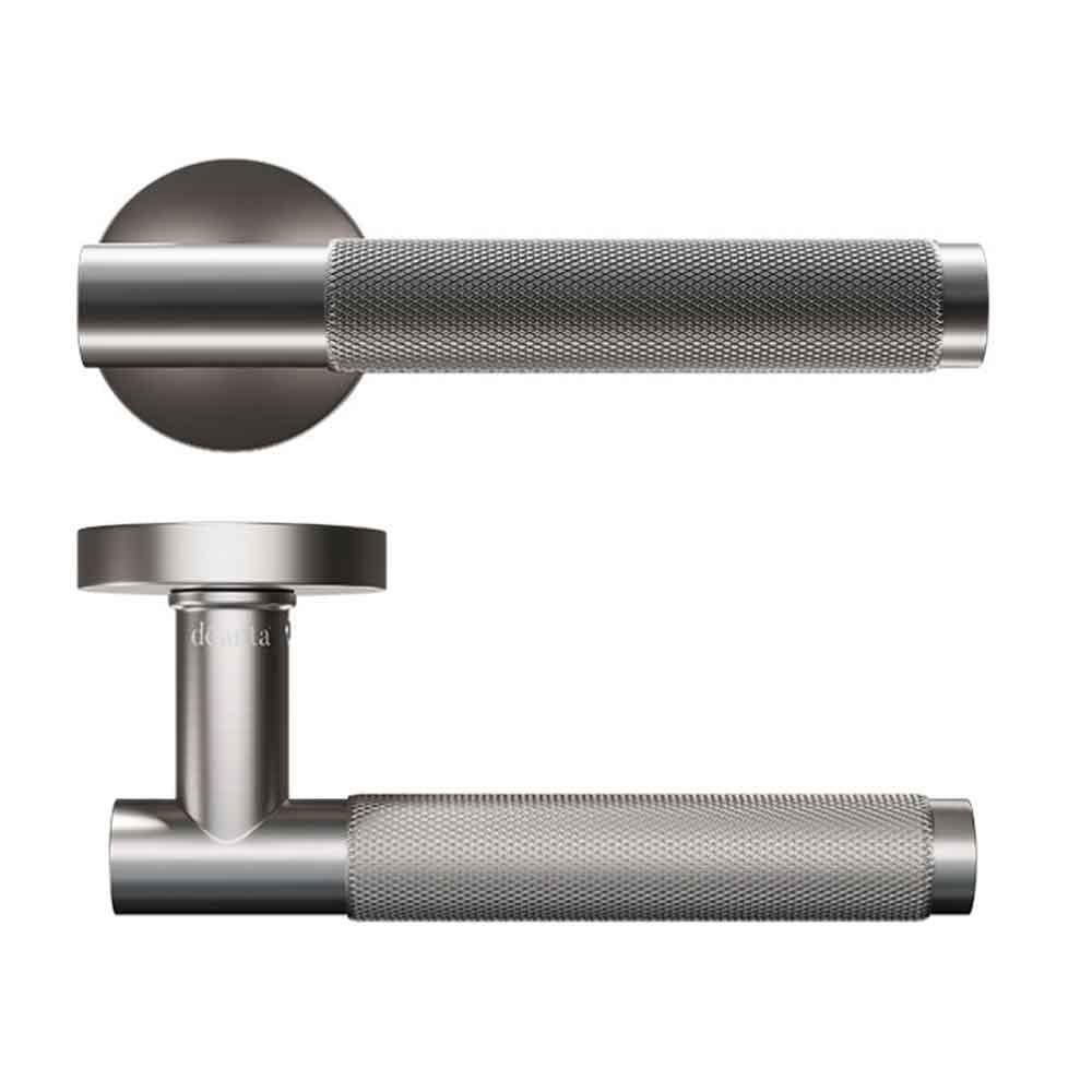 Brushed steel door handle set with textured grip, modern round rose design, side and top view