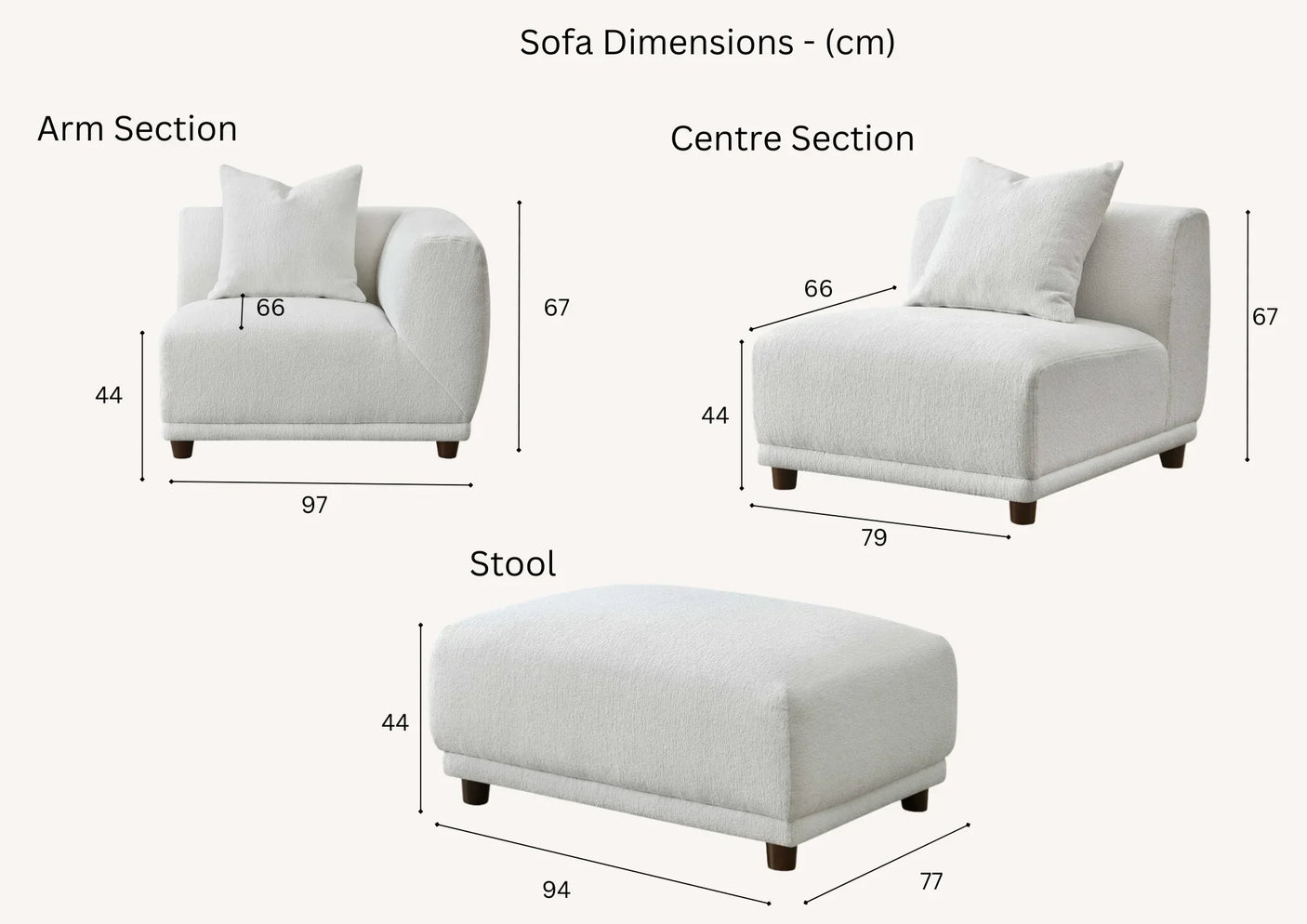 Modular sofa set with arm section, centre section, and stool in white fabric, with dimensions