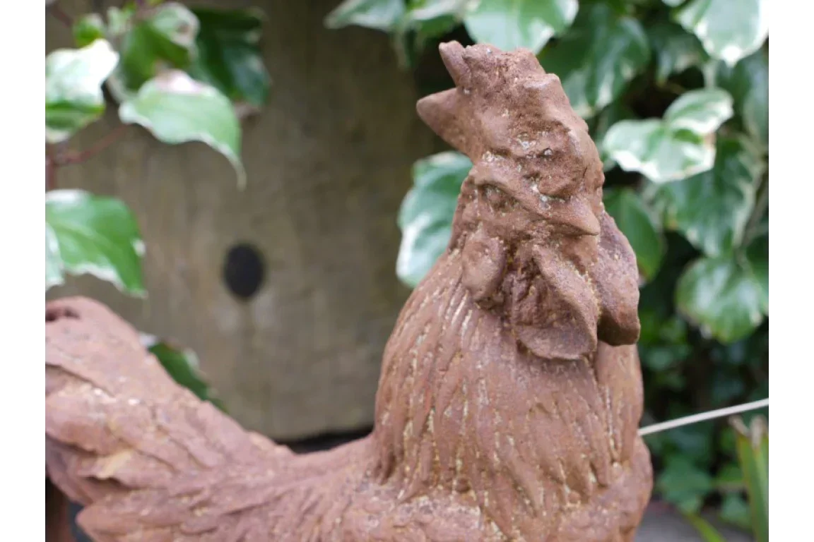 Rustic rooster garden ornament with textured finish among green outdoor plants