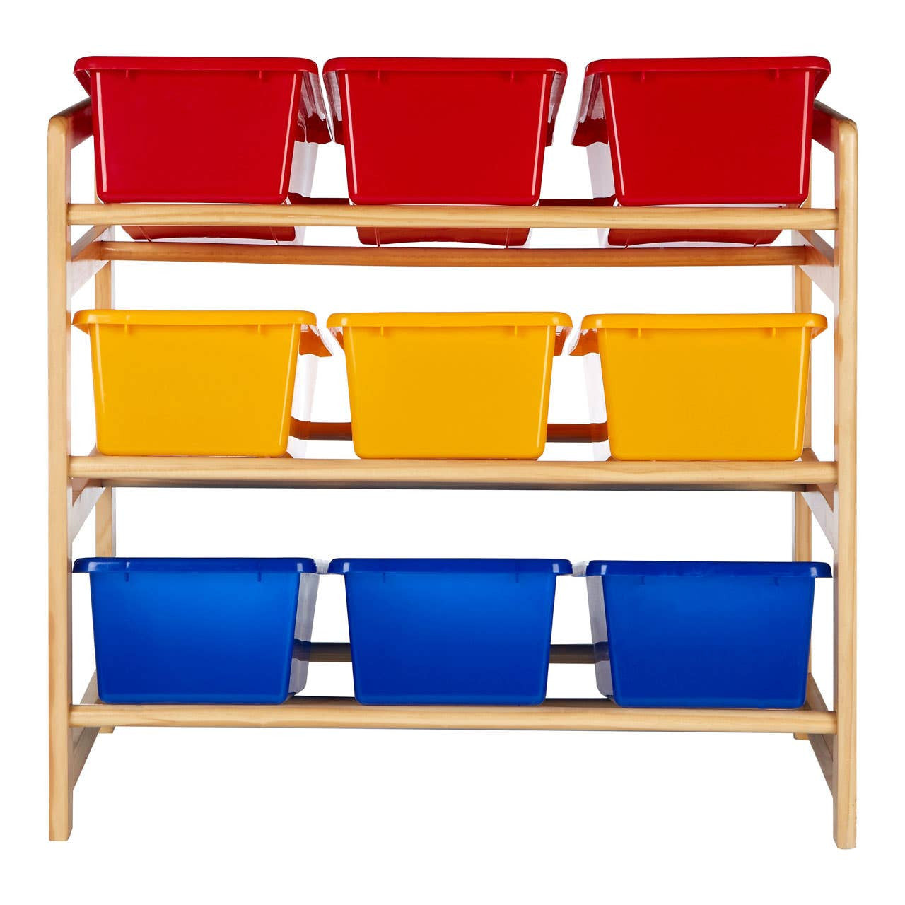 Three-tier storage unit featuring a natural pine frame with six colorful plastic bins. The top row has two red bins, the middle row has two yellow bins, and the bottom row has two blue bins, all designed for organizing toys and other items in a child's room