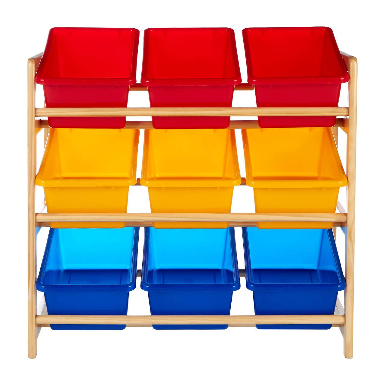 Three-tier storage unit made of pine wood featuring colorful bins. The top row has two red bins, the middle row has two yellow bins, and the bottom row has two blue bins. The unit has a natural wood frame and is designed for children's storage