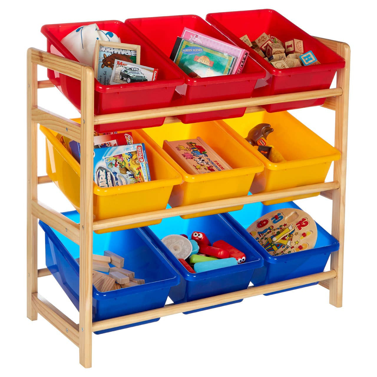 Three-tier storage unit made of pine wood featuring colorful bins in red, yellow, and blue. The top tier has two red bins filled with toys, the middle tier has two yellow bins with books and games, and the bottom tier has two blue bins containing various play items. The frame is sturdy and designed for children's use