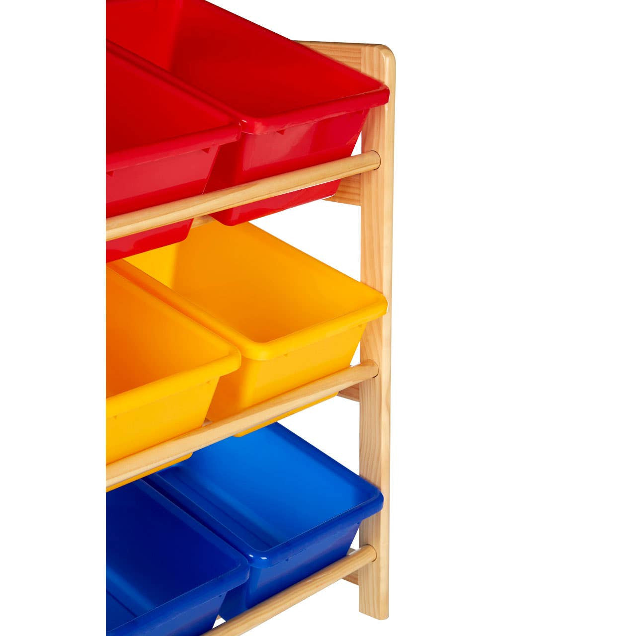 Three-tier storage unit made of pine wood featuring colorful plastic bins in red, yellow, and blue. The unit has a natural wood frame and is designed for organizing toys or other items in a child's room
