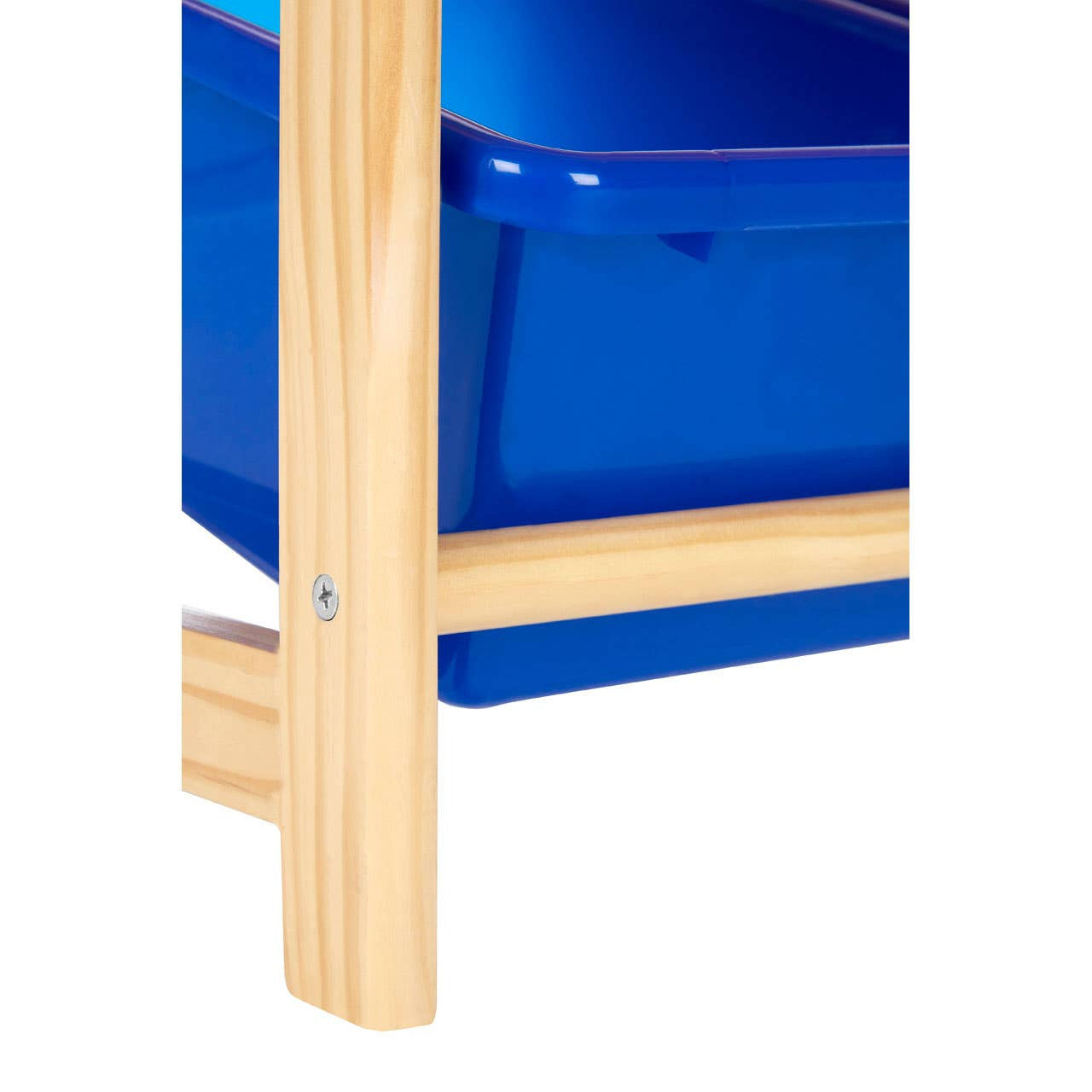 A close-up view of a wooden frame of a storage unit, featuring a light pine finish. The frame supports a bright blue storage bin, showcasing the unit's three-tier design. The image highlights the sturdy construction and vibrant color of the bin