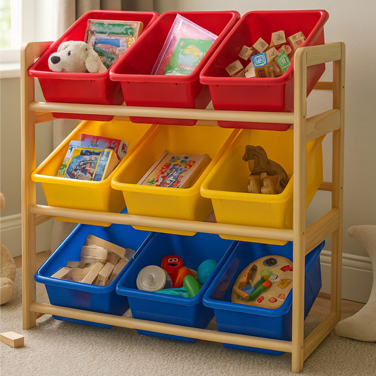 Three-tier storage unit made of pine wood featuring colorful plastic bins. The top row has three red bins, the middle row has two yellow bins, and the bottom row has three blue bins. The unit is positioned against a wall with natural light coming through a window, and it is filled with various toys and books