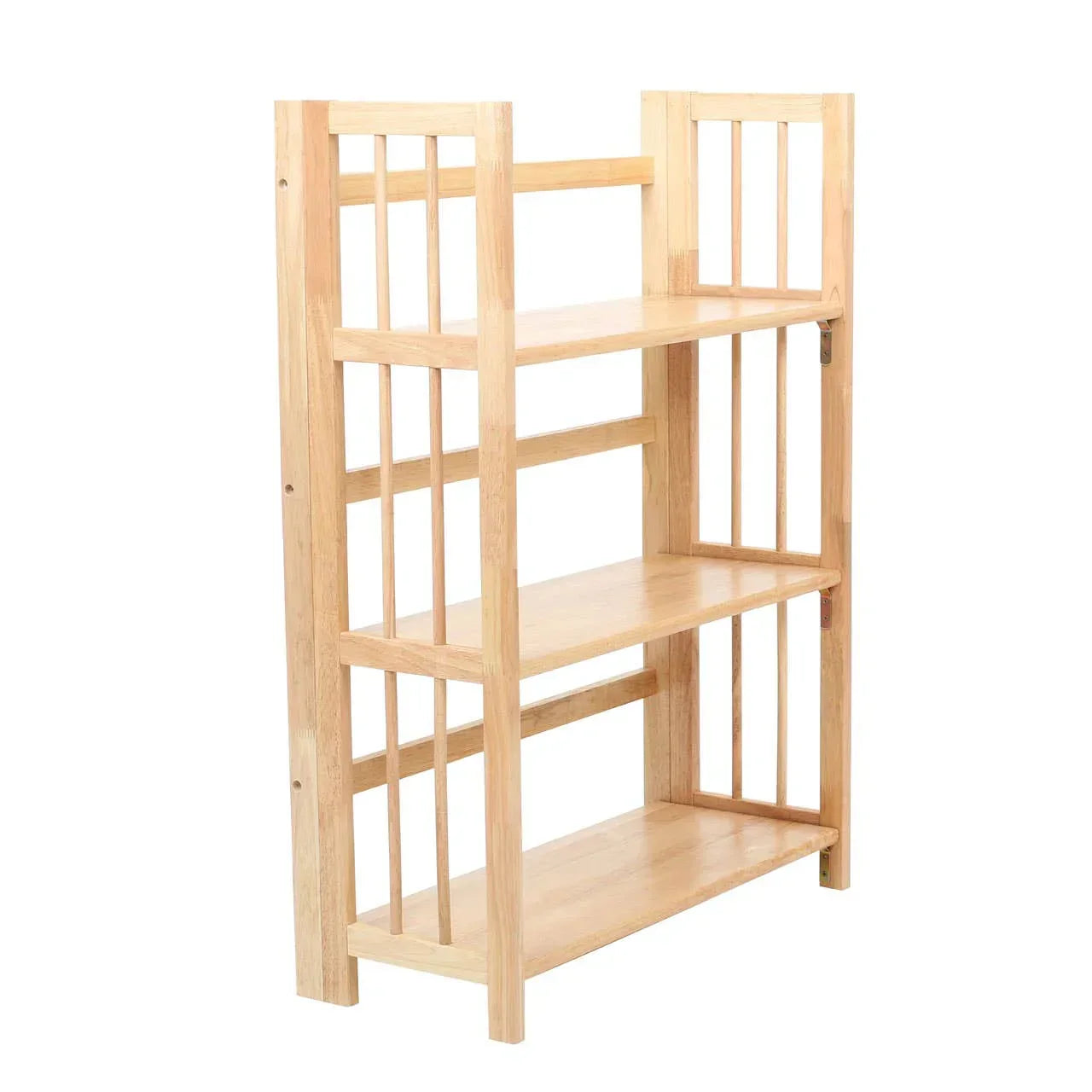 Light wood shelving unit with three open shelves and vertical side slats, angled view