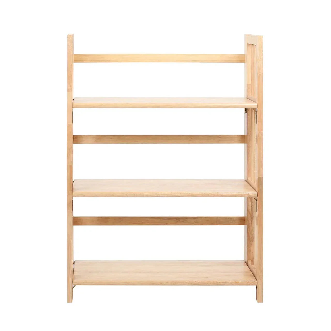 Natural wood shelving unit with four open shelves, front view