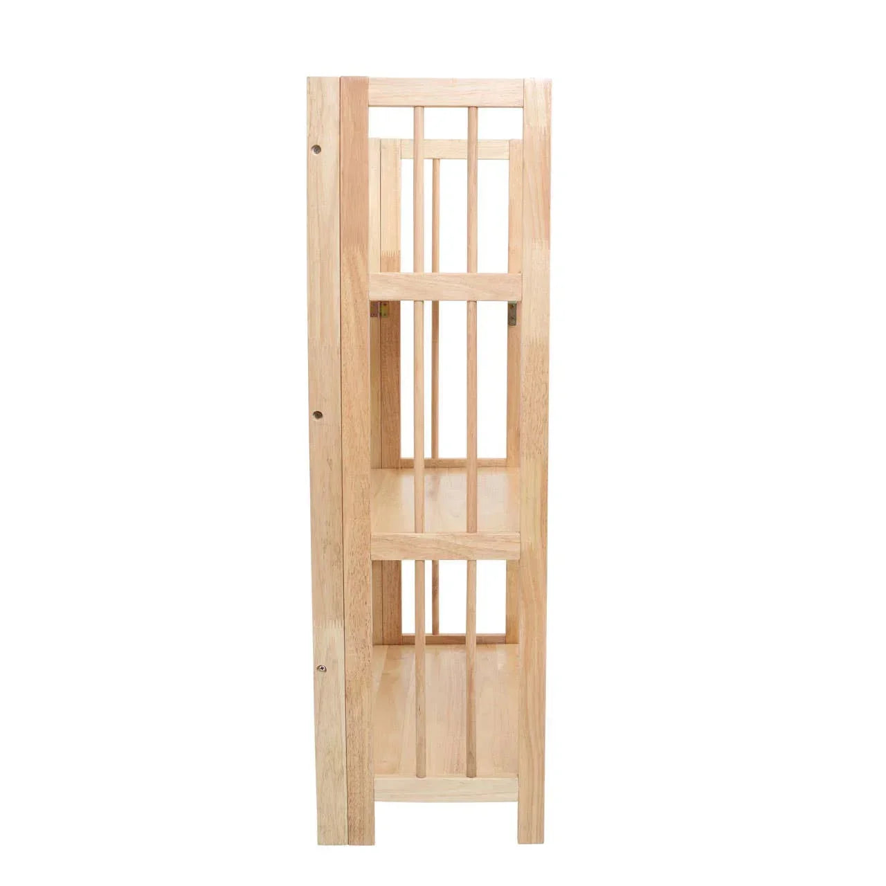 Side view of natural wood bookcase with open slatted design and two shelves