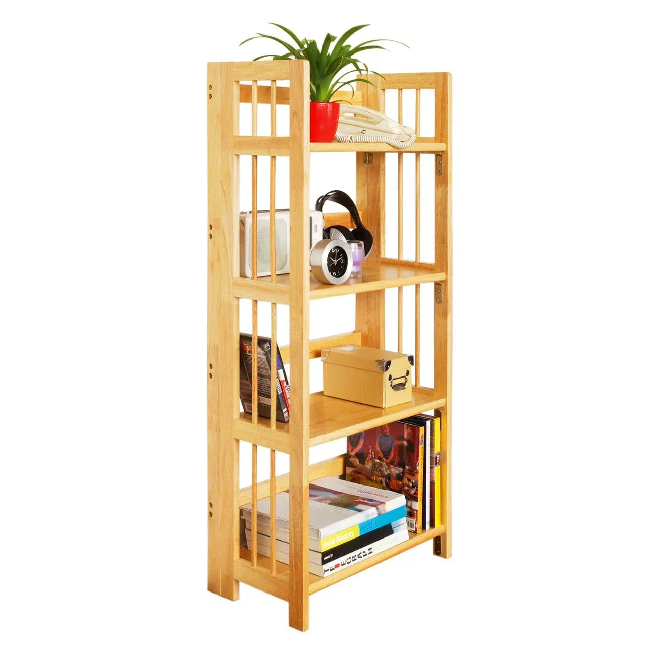 Wooden bookcase with open slats, displaying books, storage box, clock, and potted plant