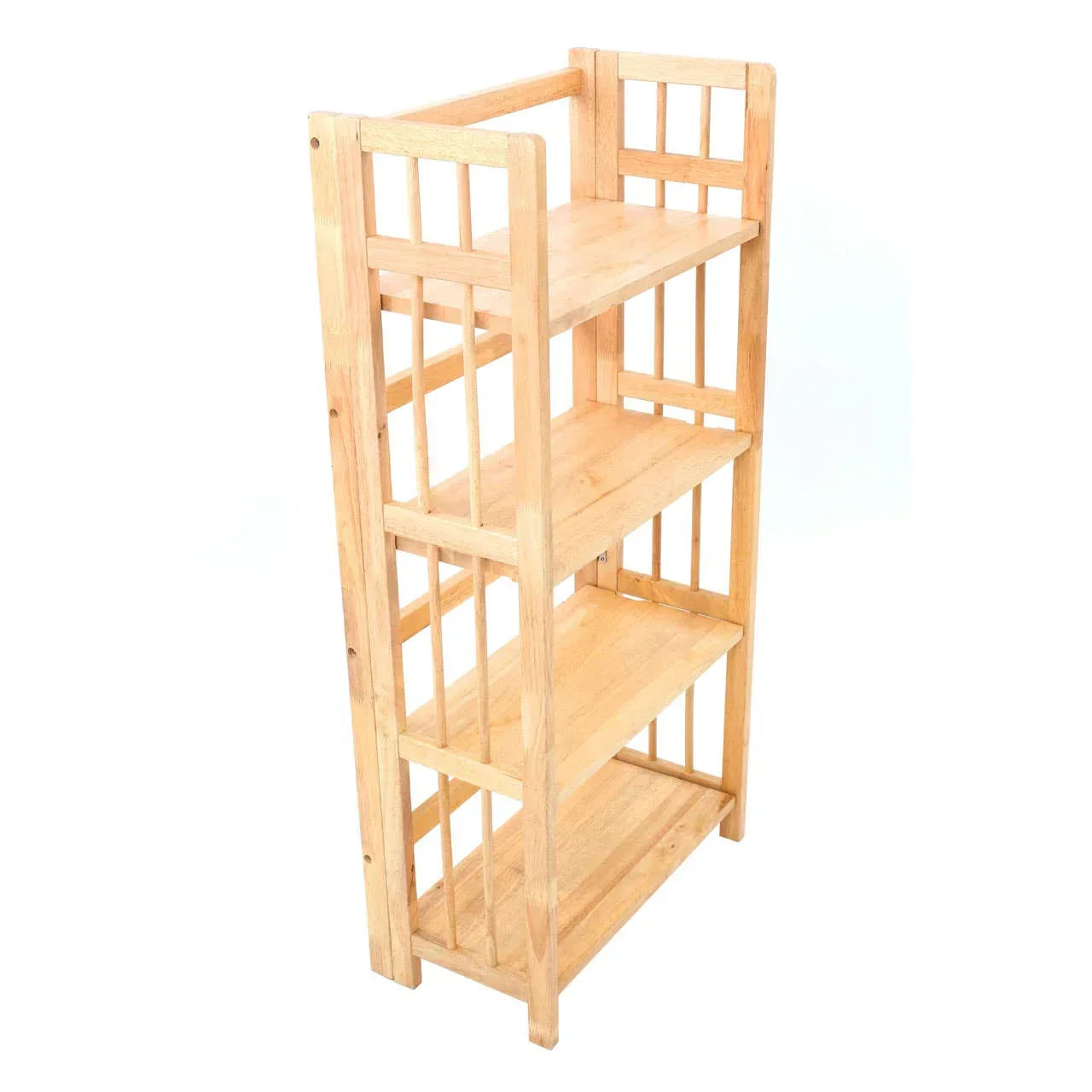 Natural wood shelving unit with four open shelves and slatted sides