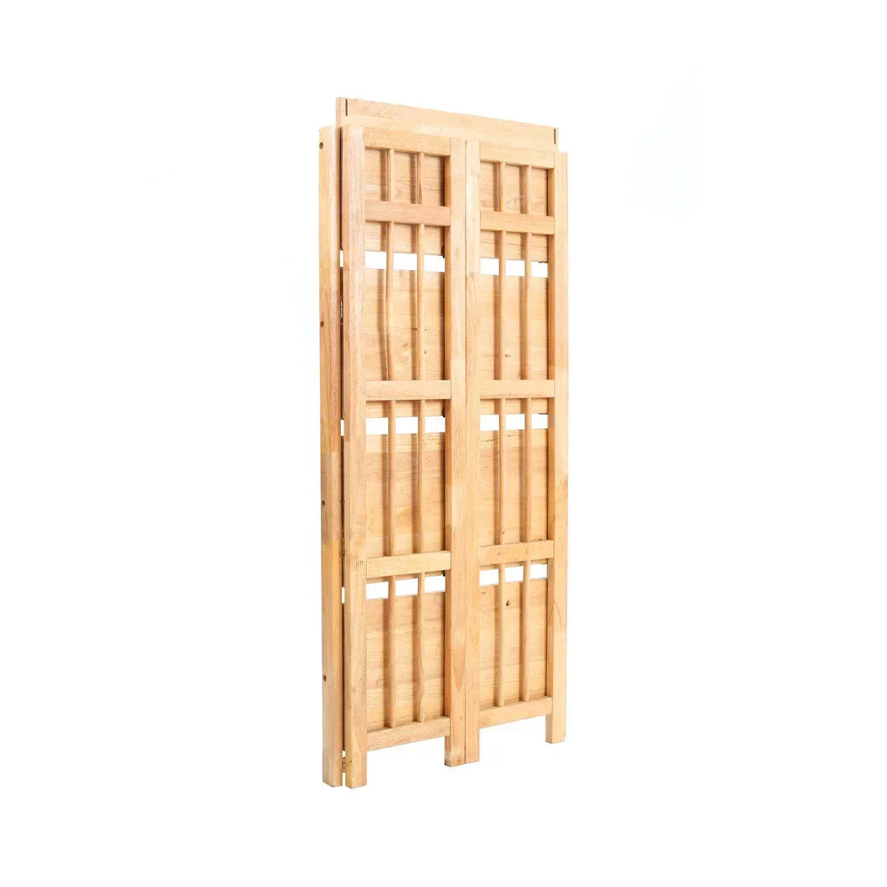Folded wooden garden bench with slatted back and natural finish, side view