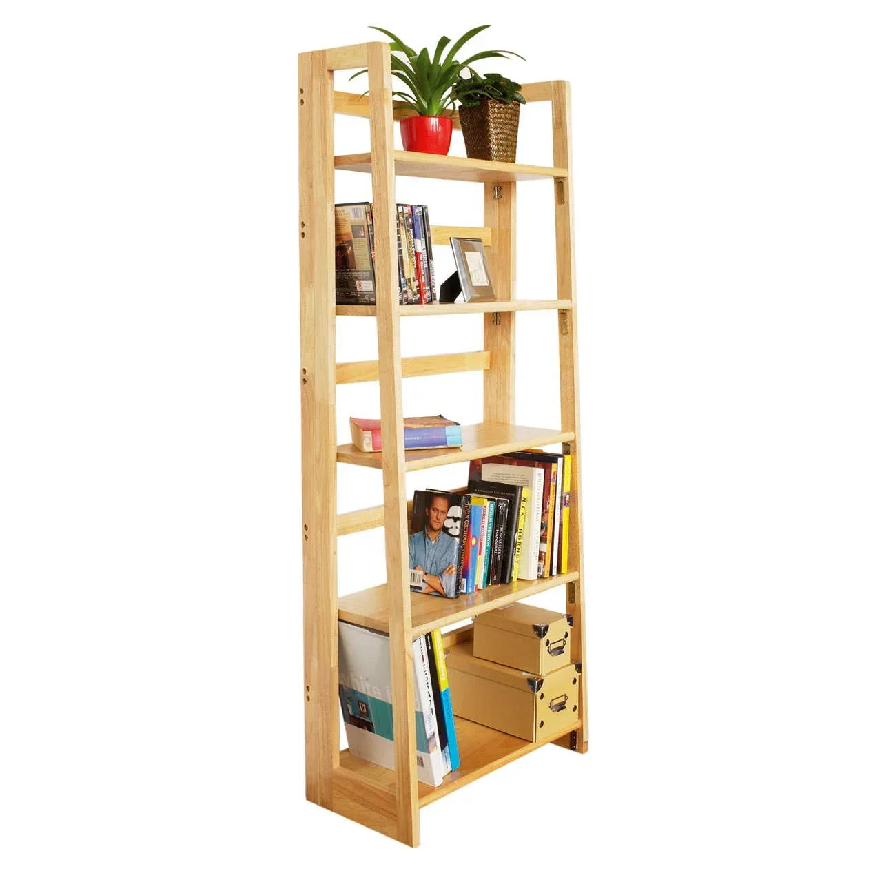 Tall wooden bookcase with five shelves, books, plants, storage boxes and picture frames