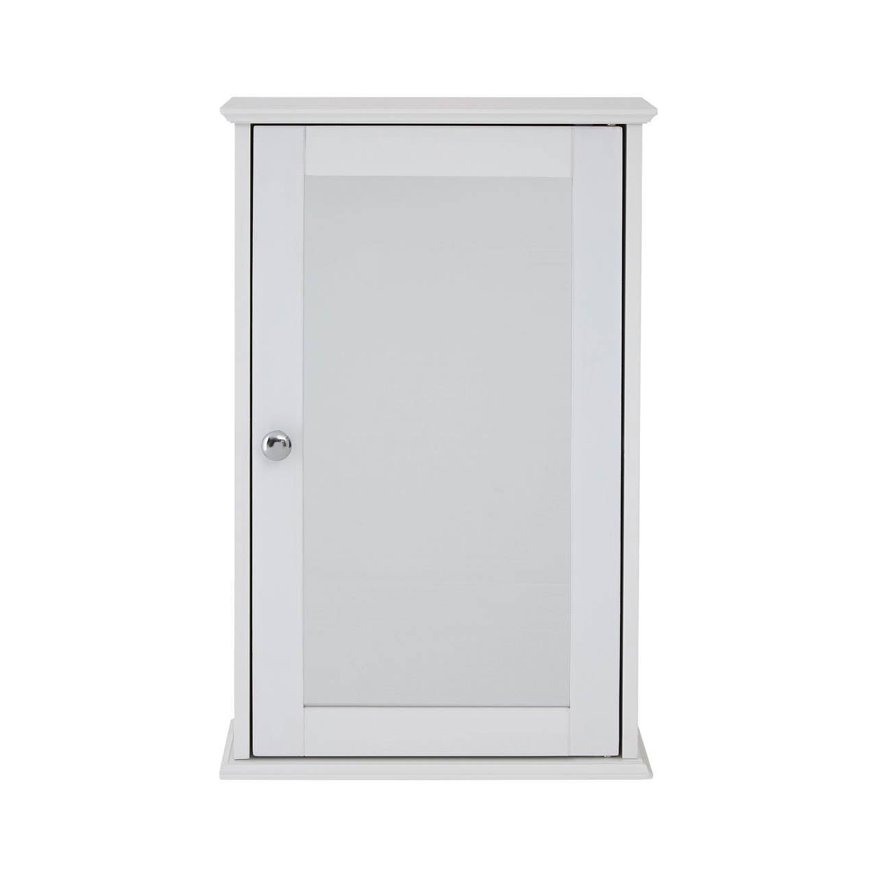 A sleek, white cabinet with a mirrored front door and a simple round handle, featuring a classic design suitable for home decor