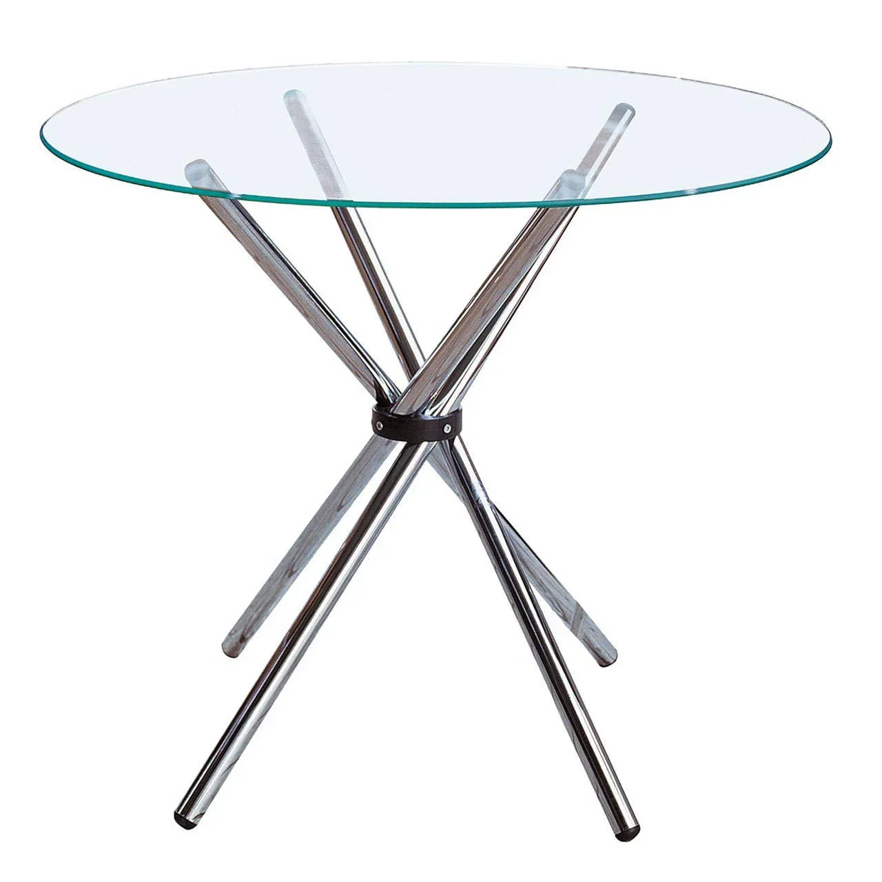 Round glass dining table with chrome metal legs and modern tripod base
