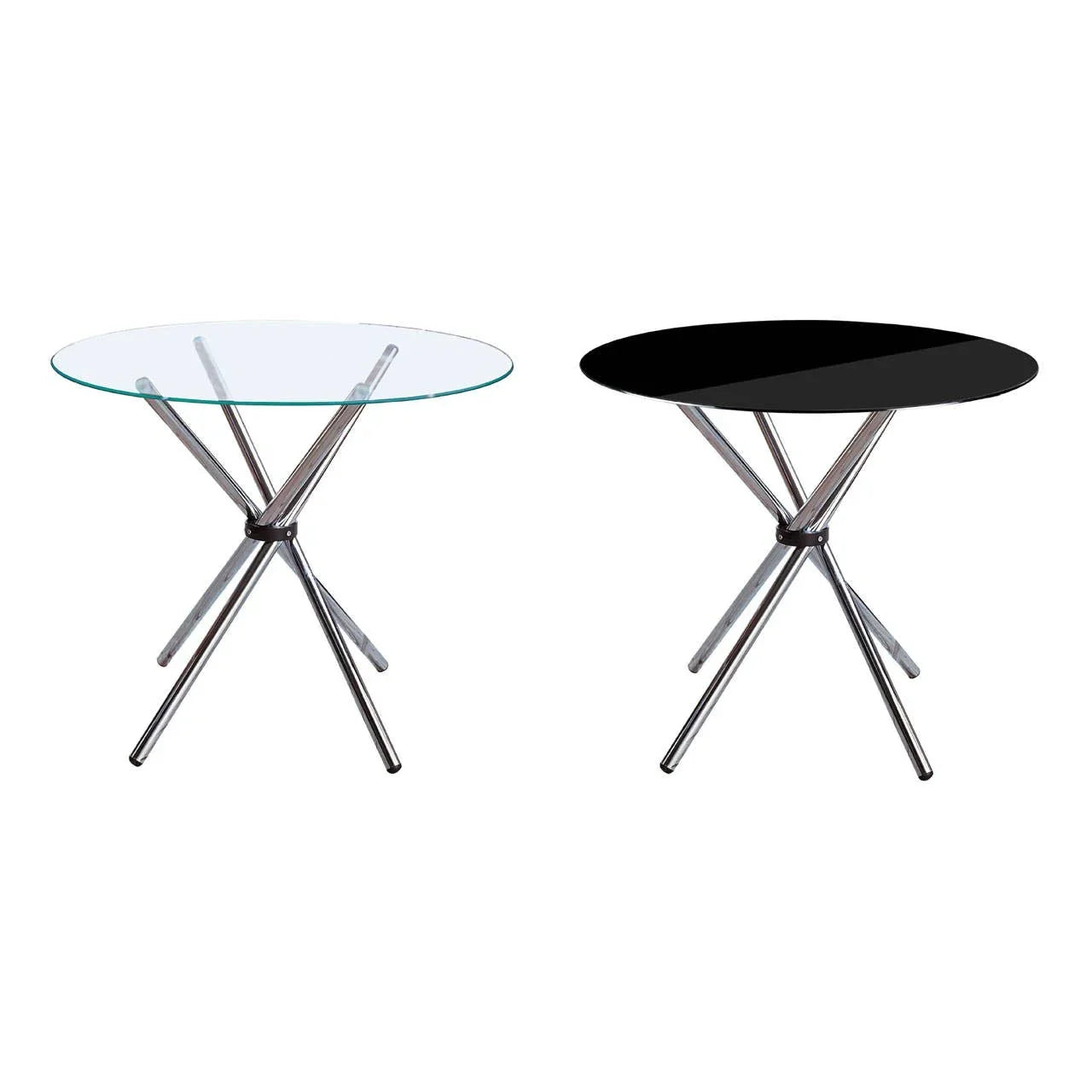 Round glass side tables with chrome tripod legs in clear and black finishes, modern design