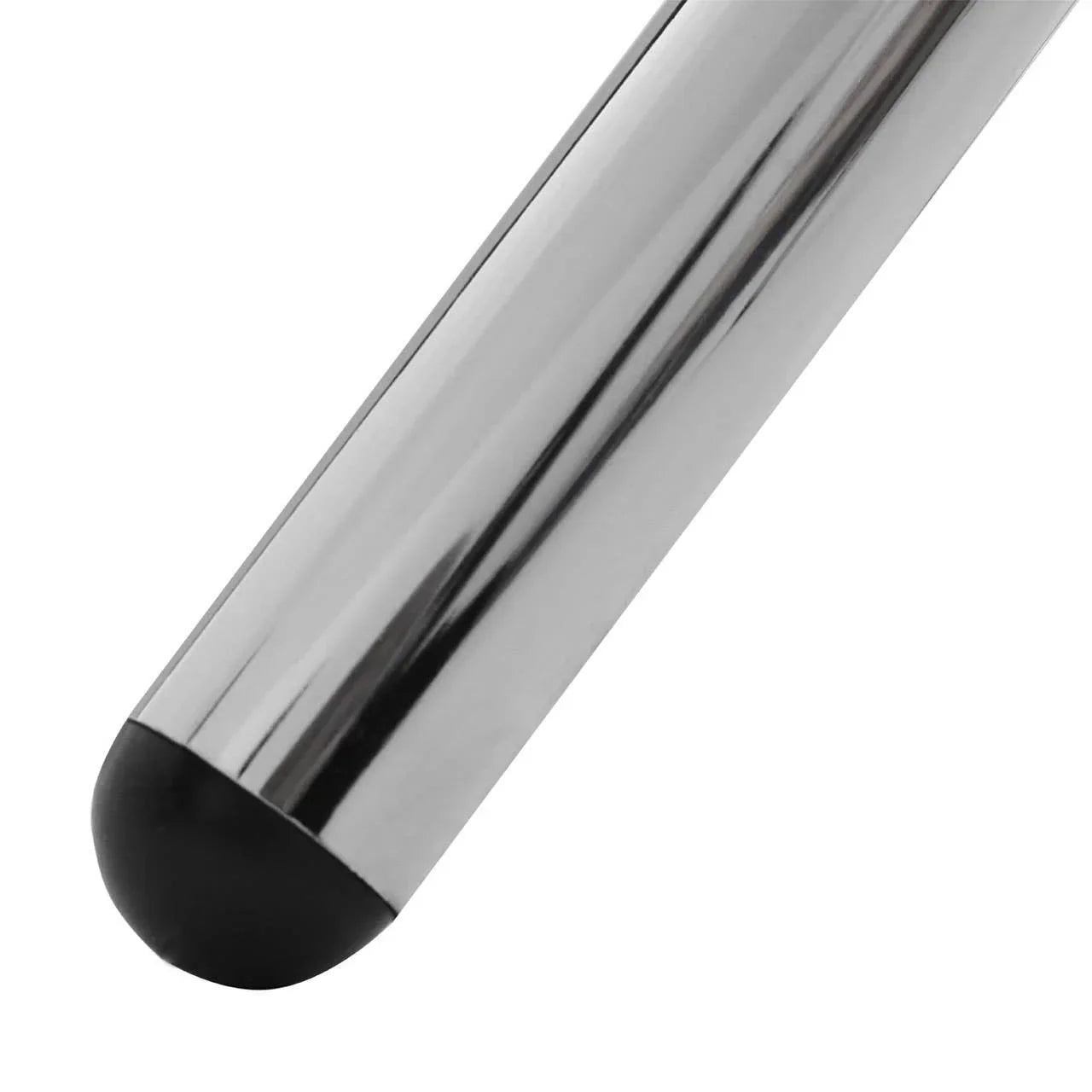 Chrome furniture leg with black plastic foot cap, close-up of metal tube