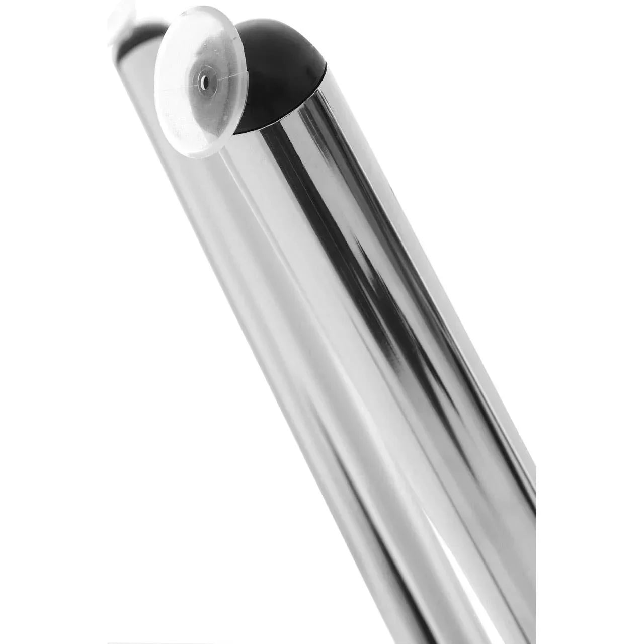 Chrome furniture leg with black cap and clear floor protector, close-up view