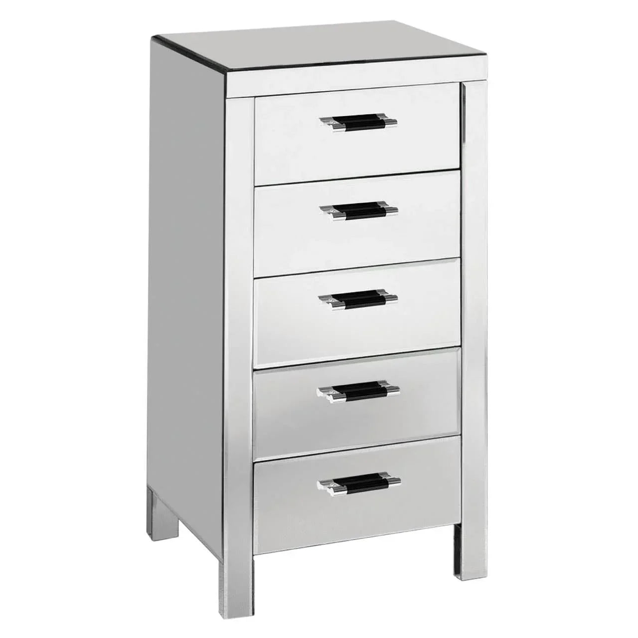 Mirrored chest of drawers with five drawers and chrome handles, front angled view