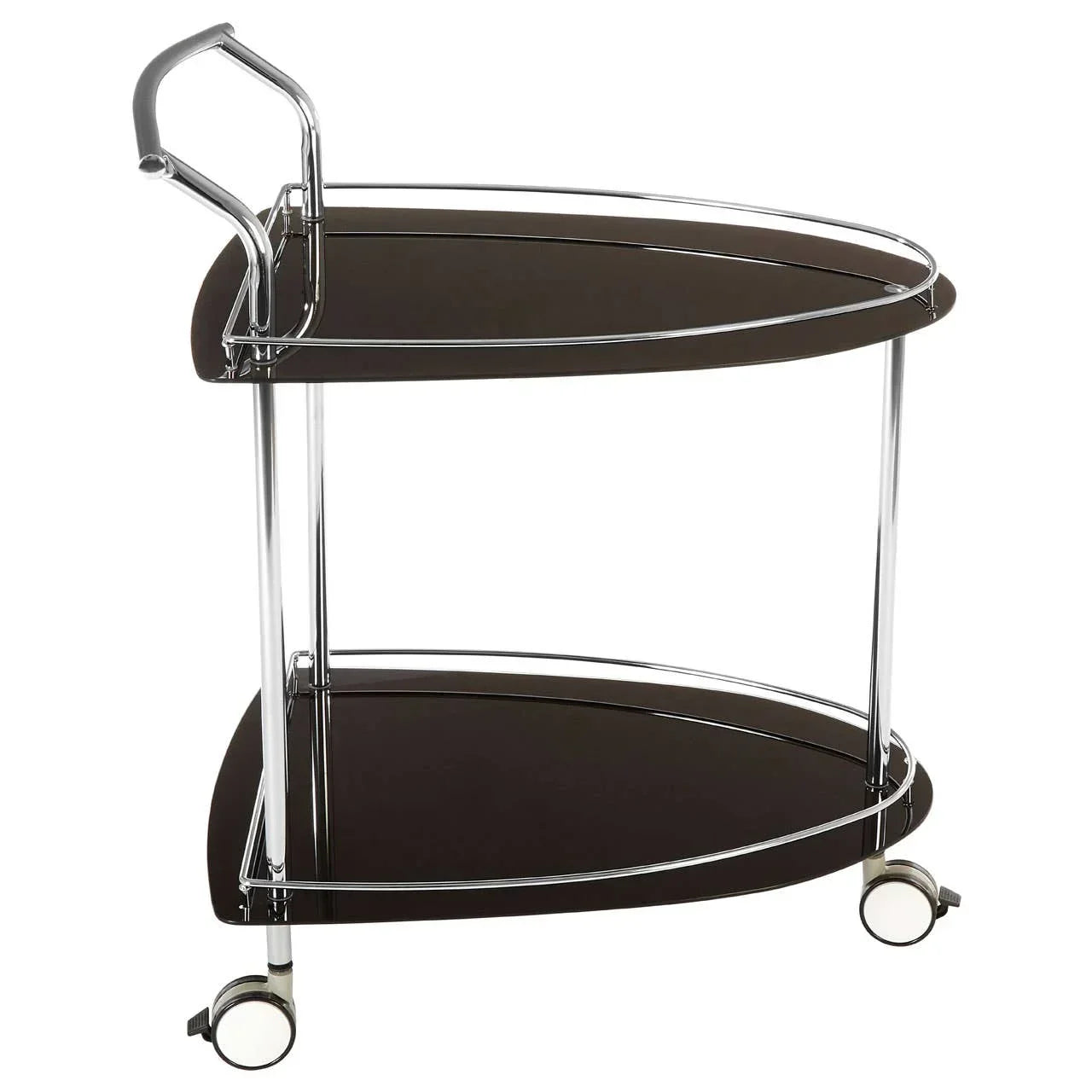 Black glass and chrome drinks trolley with two shelves and swivel castor wheels