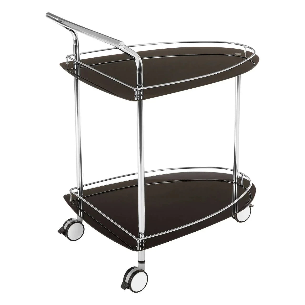 Black two-tier serving trolley with chrome frame and wheels, side angle view