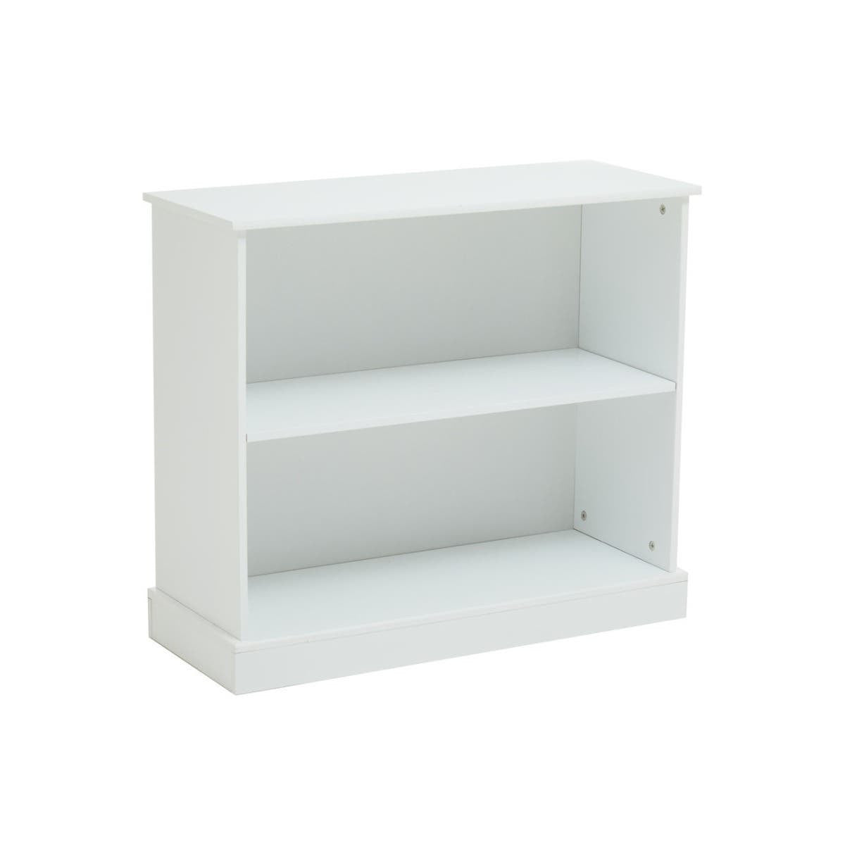White storage unit with two open shelves and a solid base, designed for home organization
