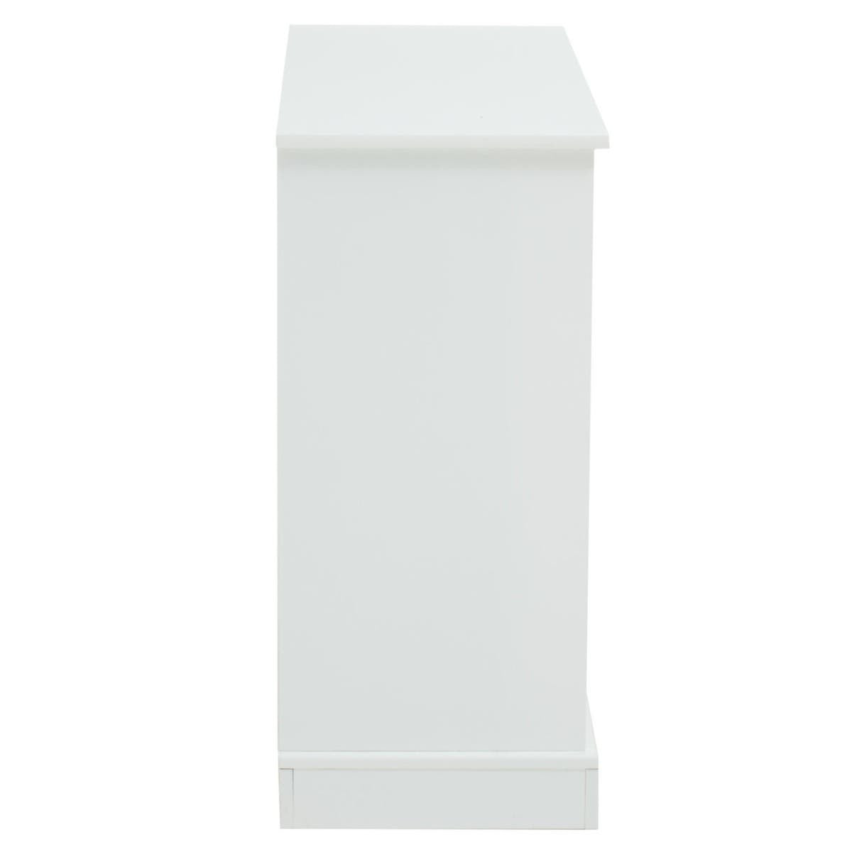 Tall, white storage unit with a smooth surface and clean lines, featuring a simple design and a flat top. The unit has a rectangular shape and a slightly raised base, suitable for various home decor styles
