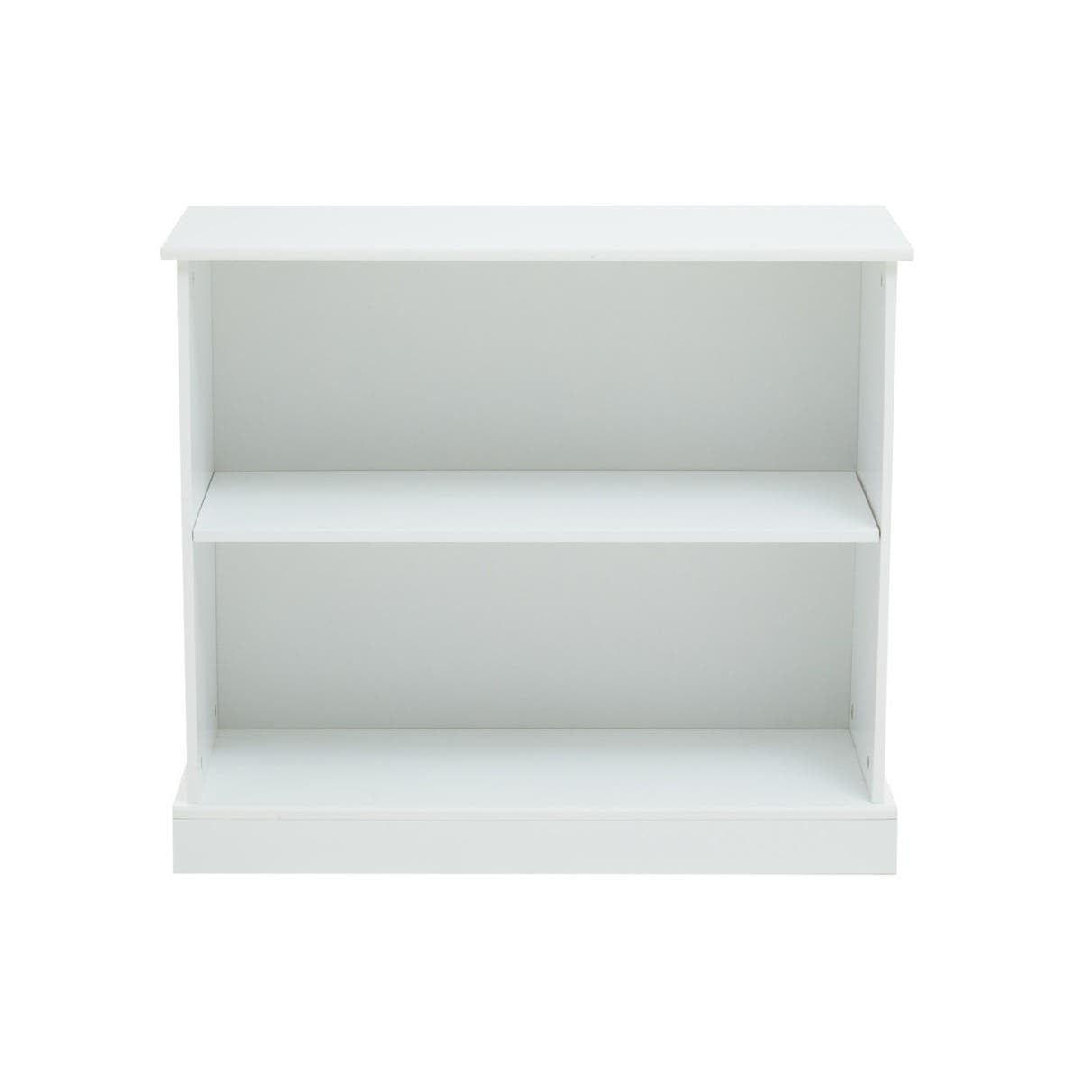 White storage unit featuring two open shelves, designed for home organization. The unit has a simple, modern aesthetic with clean lines and a sturdy base