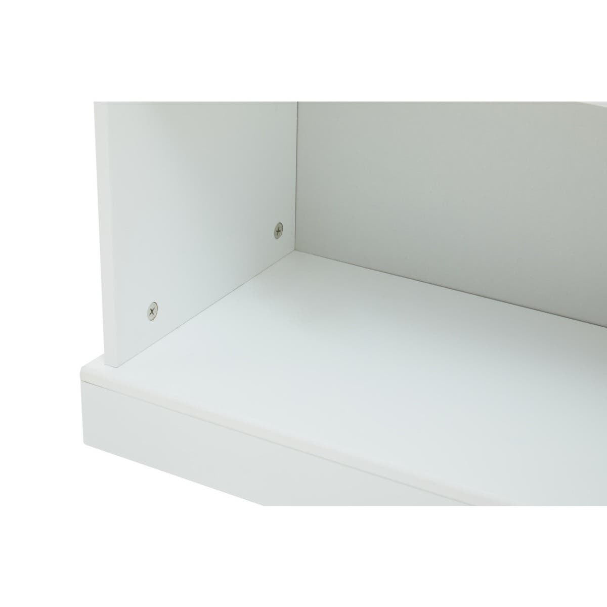 Close-up view of a white storage unit featuring a smooth, flat shelf and visible corner joints, showcasing a minimalist design suitable for home organization