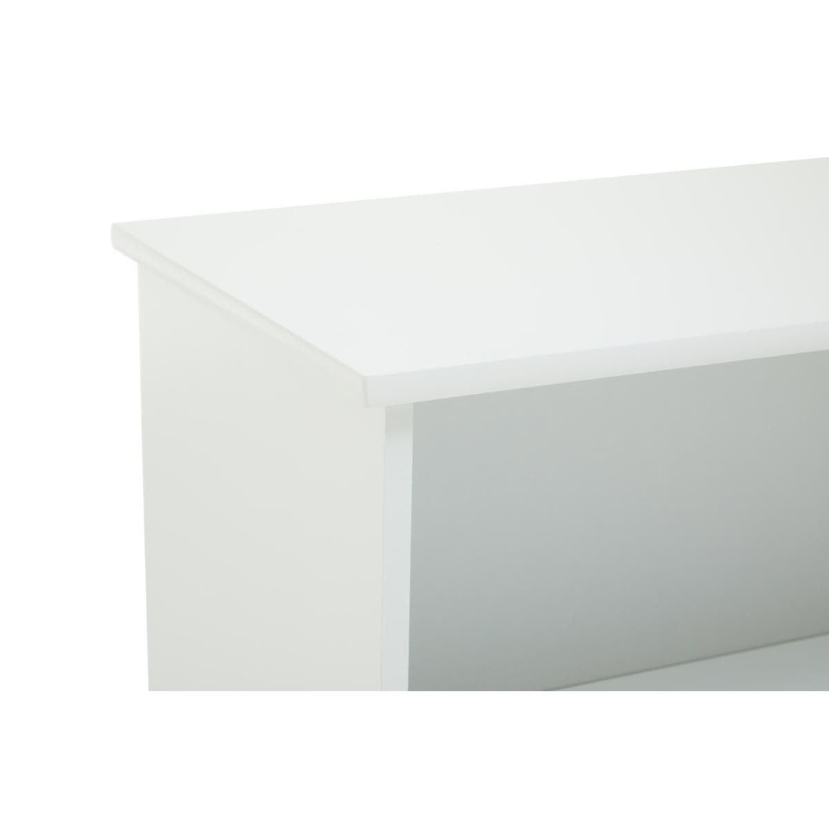 Close-up view of the top edge of a white storage unit, showcasing a smooth surface and clean lines, with an open compartment visible below