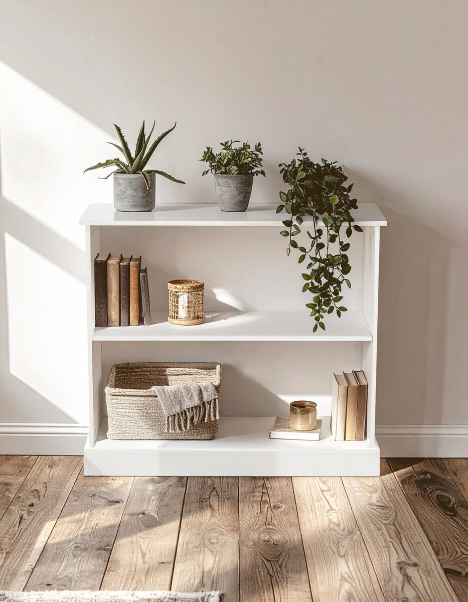 A white wooden storage unit with two open shelves, displaying a few books, a decorative bowl, and several potted plants. Sunlight casts soft shadows on the floor, highlighting the natural wood grain. The background features a light-colored wall and wooden flooring