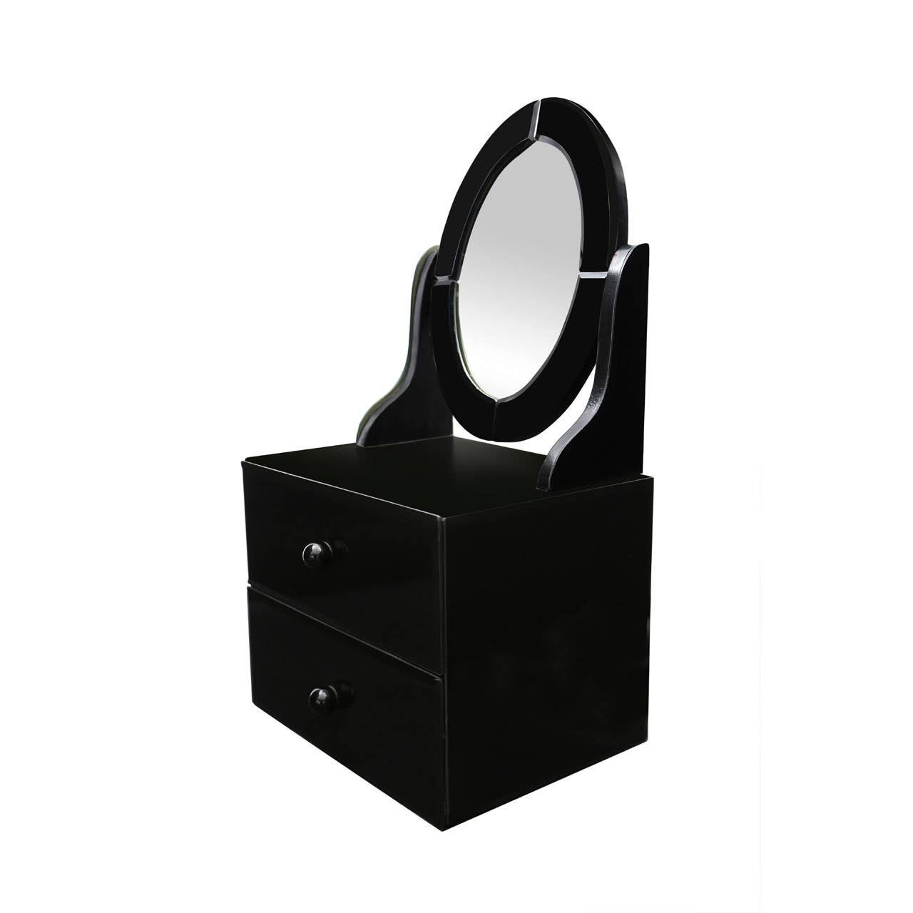 Black vanity table featuring an oval glass mirror and two storage drawers underneath. The design is sleek and modern, with a glossy finish that enhances its elegant appearance