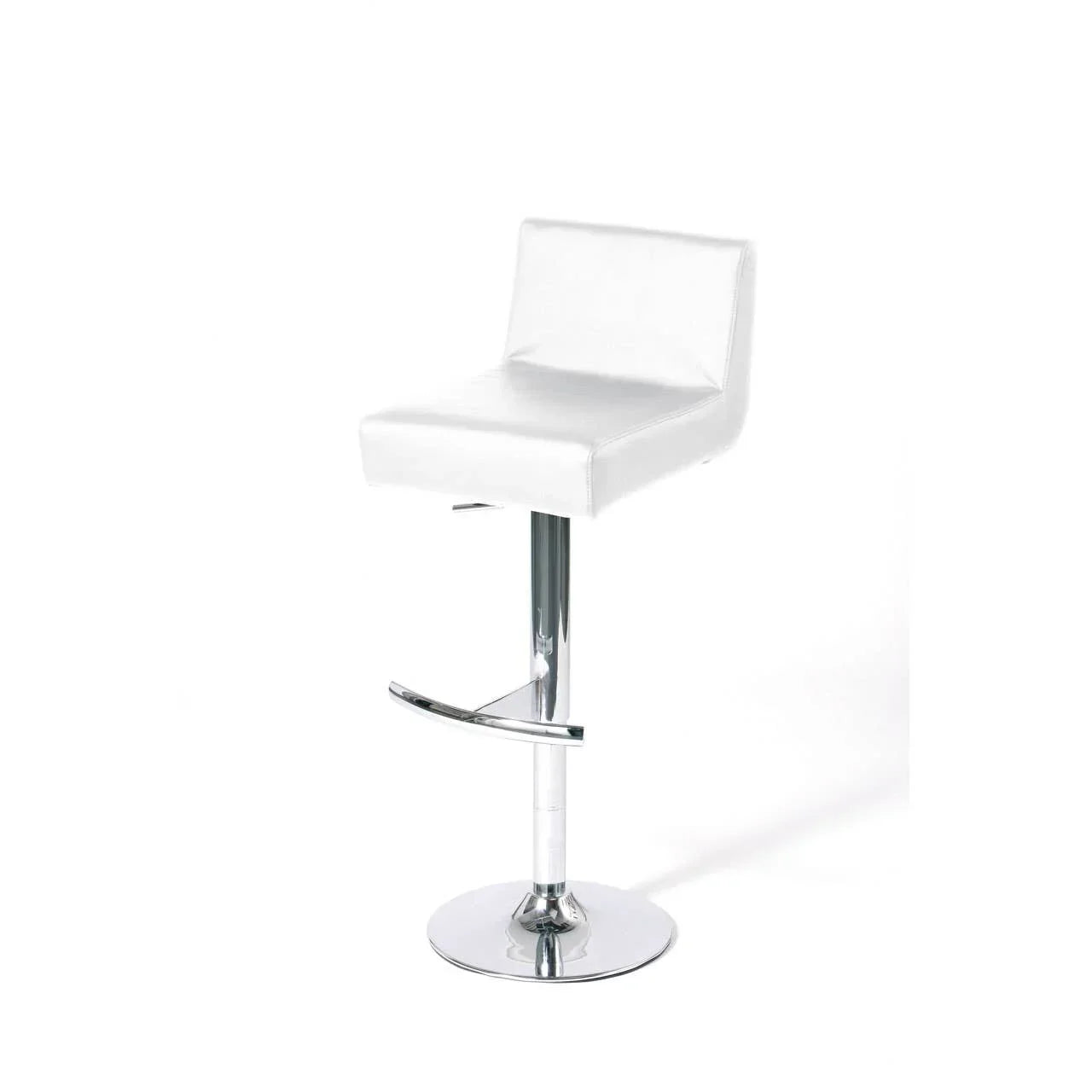 White leather bar stool with chrome base and footrest on a white background