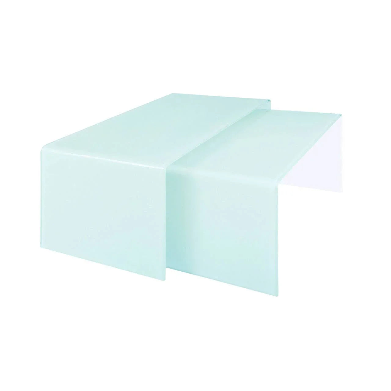 Modern glass coffee table set with clear nested design, shown from angled view
