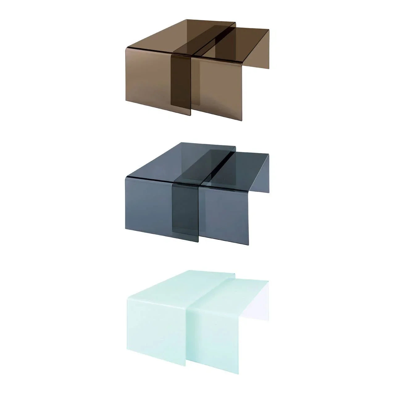 Three glass coffee tables in brown, grey, and frosted finishes, side angle view