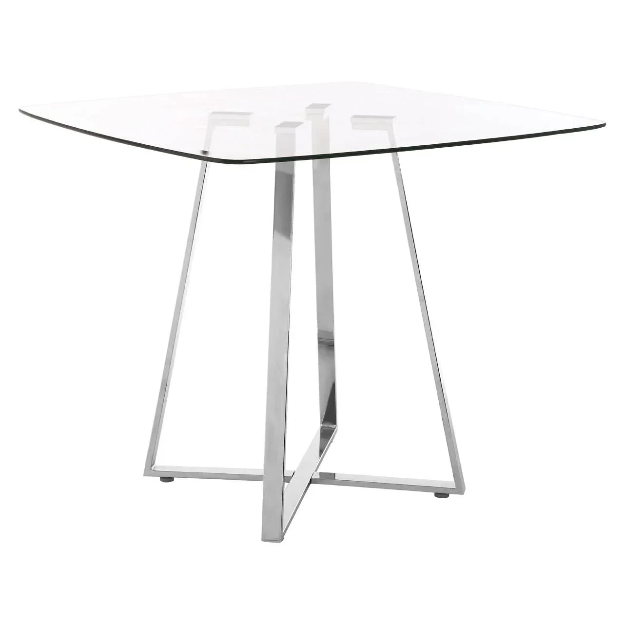 Square glass dining table with chrome metal legs, modern minimalist design
