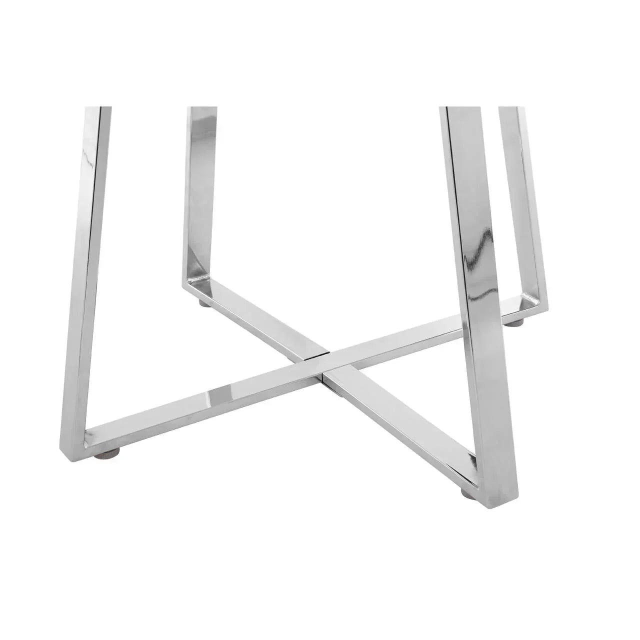 Chrome dining table legs with cross-frame support close-up
