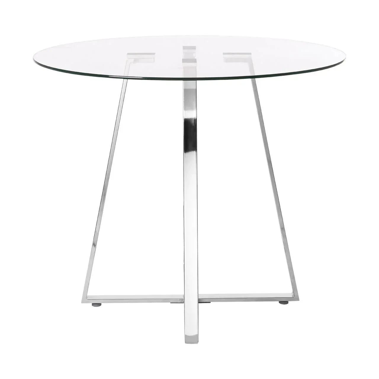Round glass dining table with chrome metal legs, front view