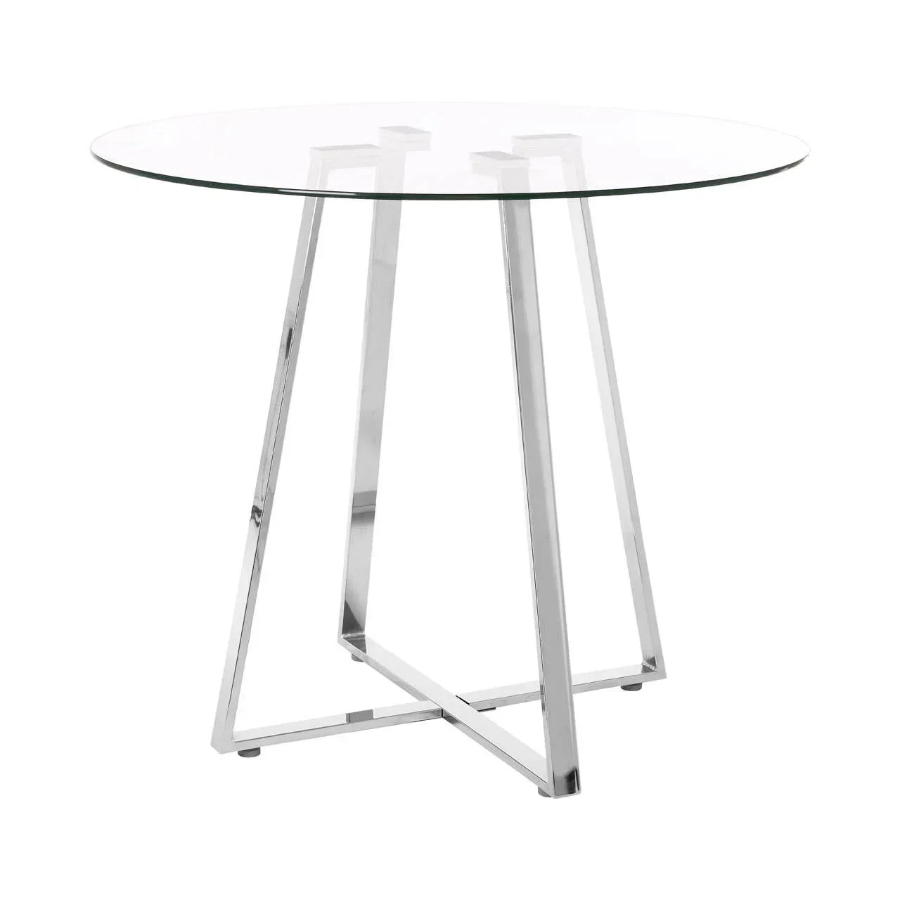 Round glass dining table with chrome metal frame and modern geometric base