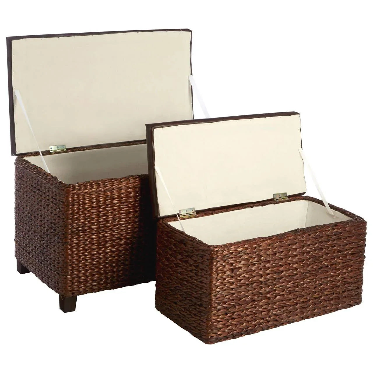 Set of two brown woven storage ottomans with hinged lids and cream fabric lining