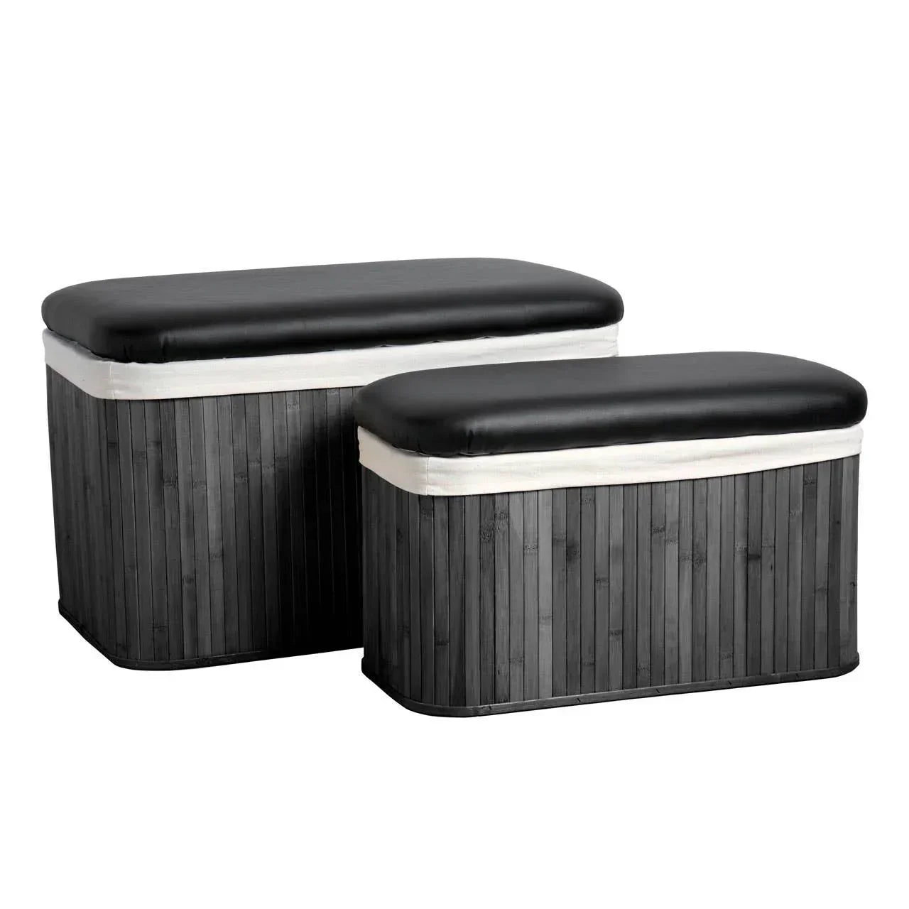 Set of two black storage benches with cushioned lids and vertical wood panel design