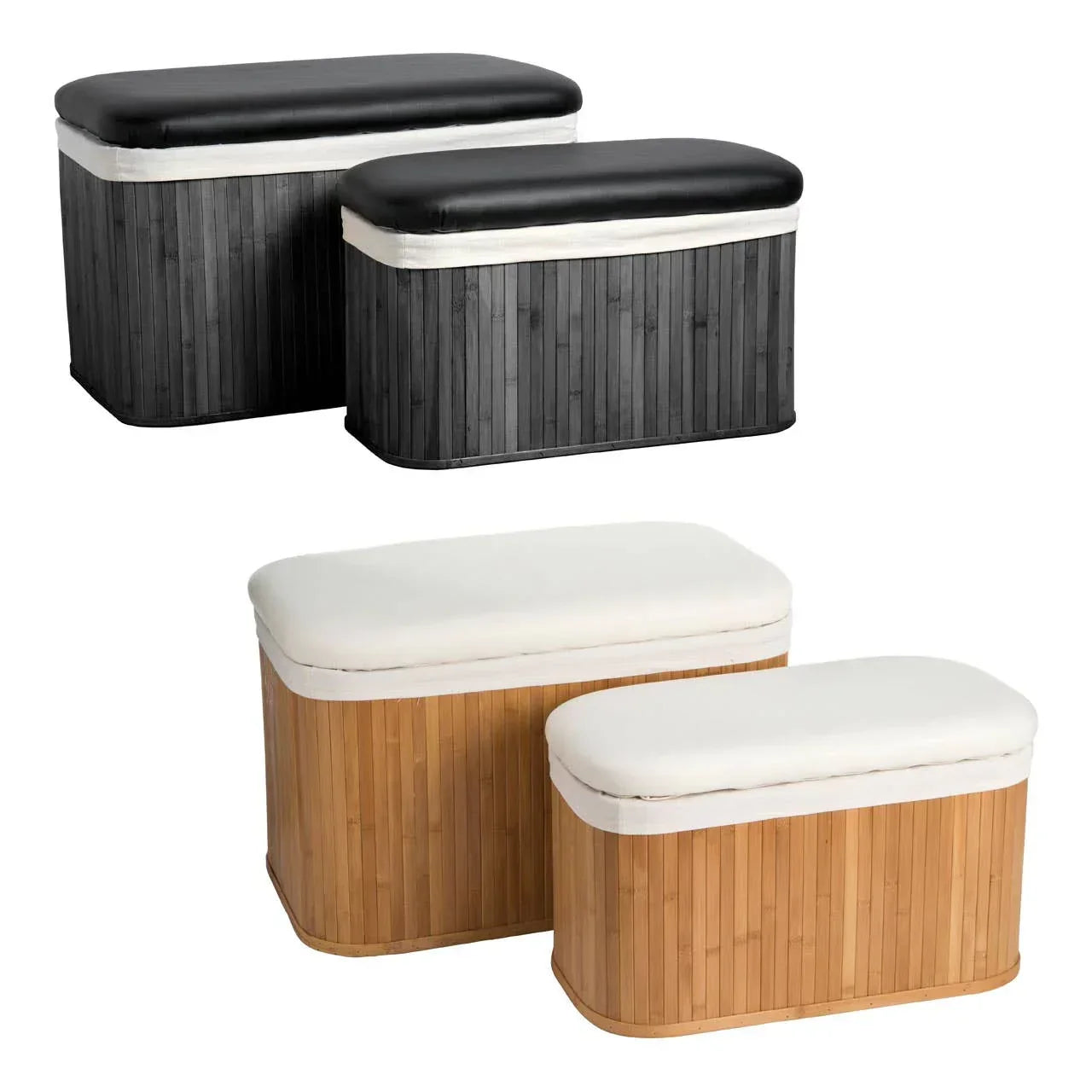 Set of bamboo storage ottomans with padded lids in black and white, shown in two colors