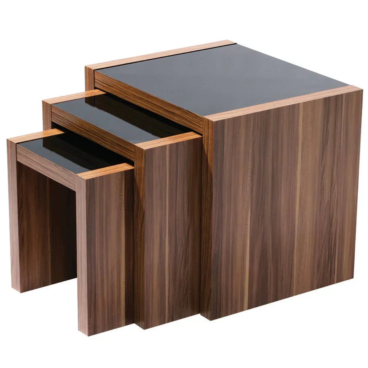 Walnut nesting tables with black glass tops, set of three, stacked together