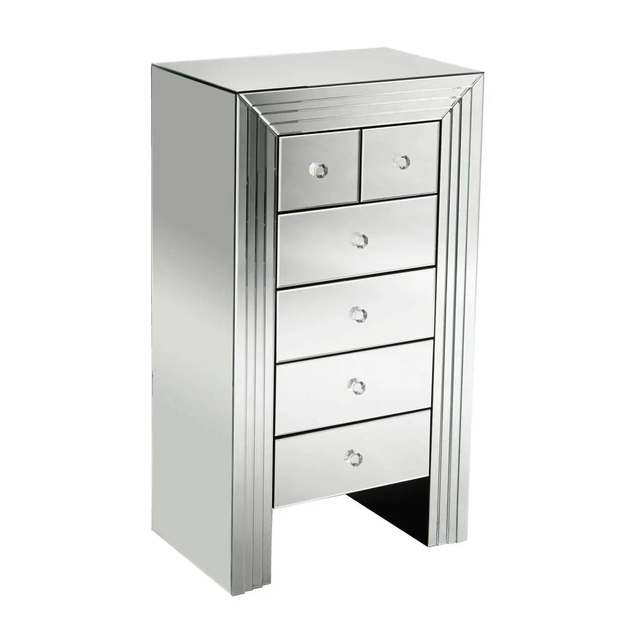Mirrored tall chest of drawers with crystal handles and five storage drawers