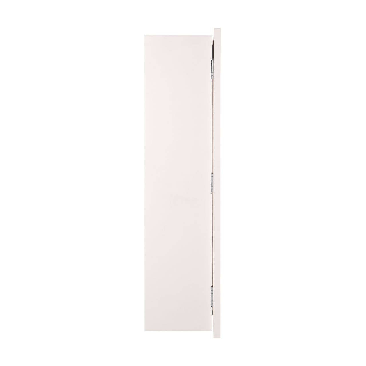 Tall, narrow wall cabinet featuring a mirrored front and two inner shelves. The cabinet has a sleek design with a light finish, suitable for various home decor styles