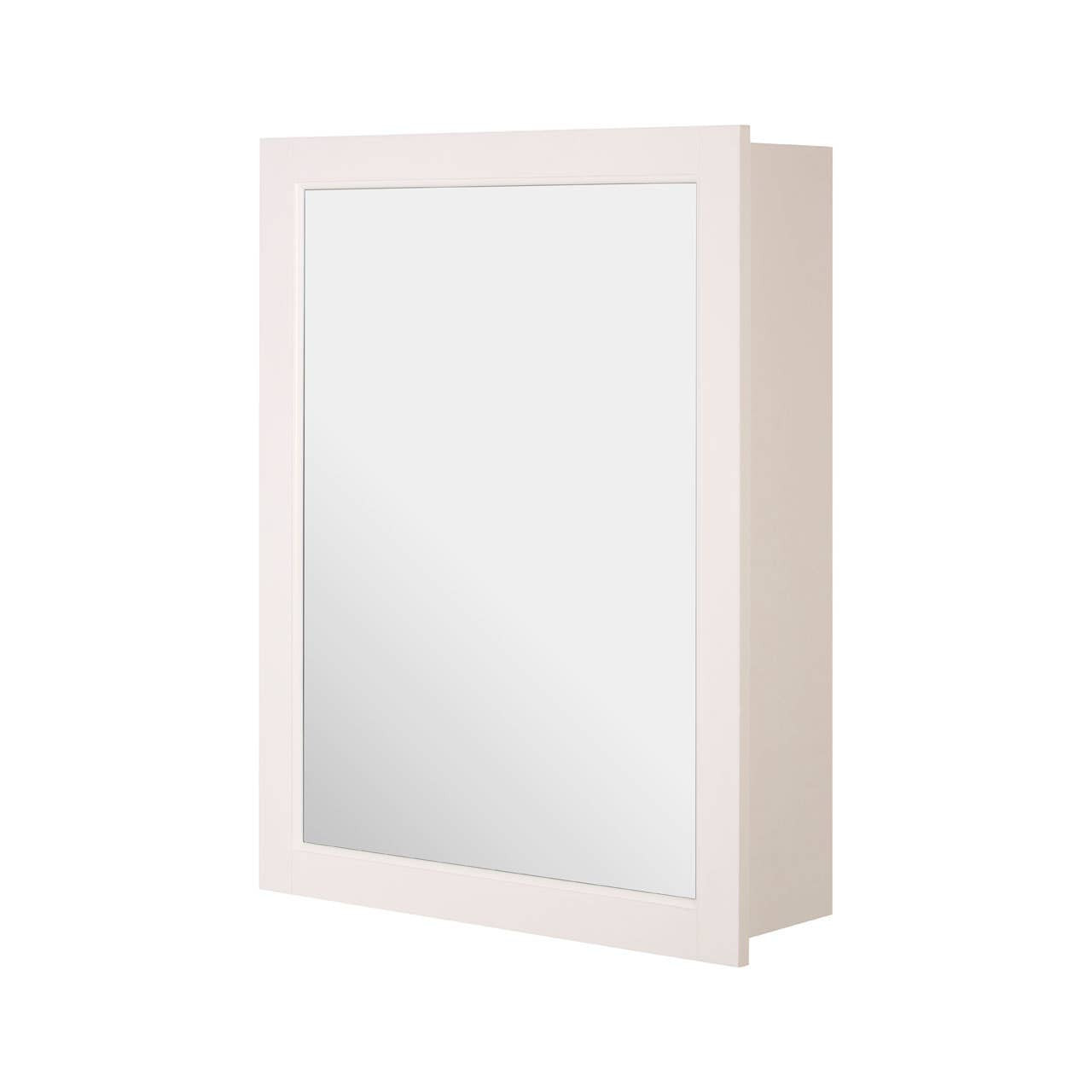 A rectangular wall cabinet featuring a smooth, reflective mirror front and a minimalist design. The cabinet has a light-colored frame and includes two inner shelves for storage